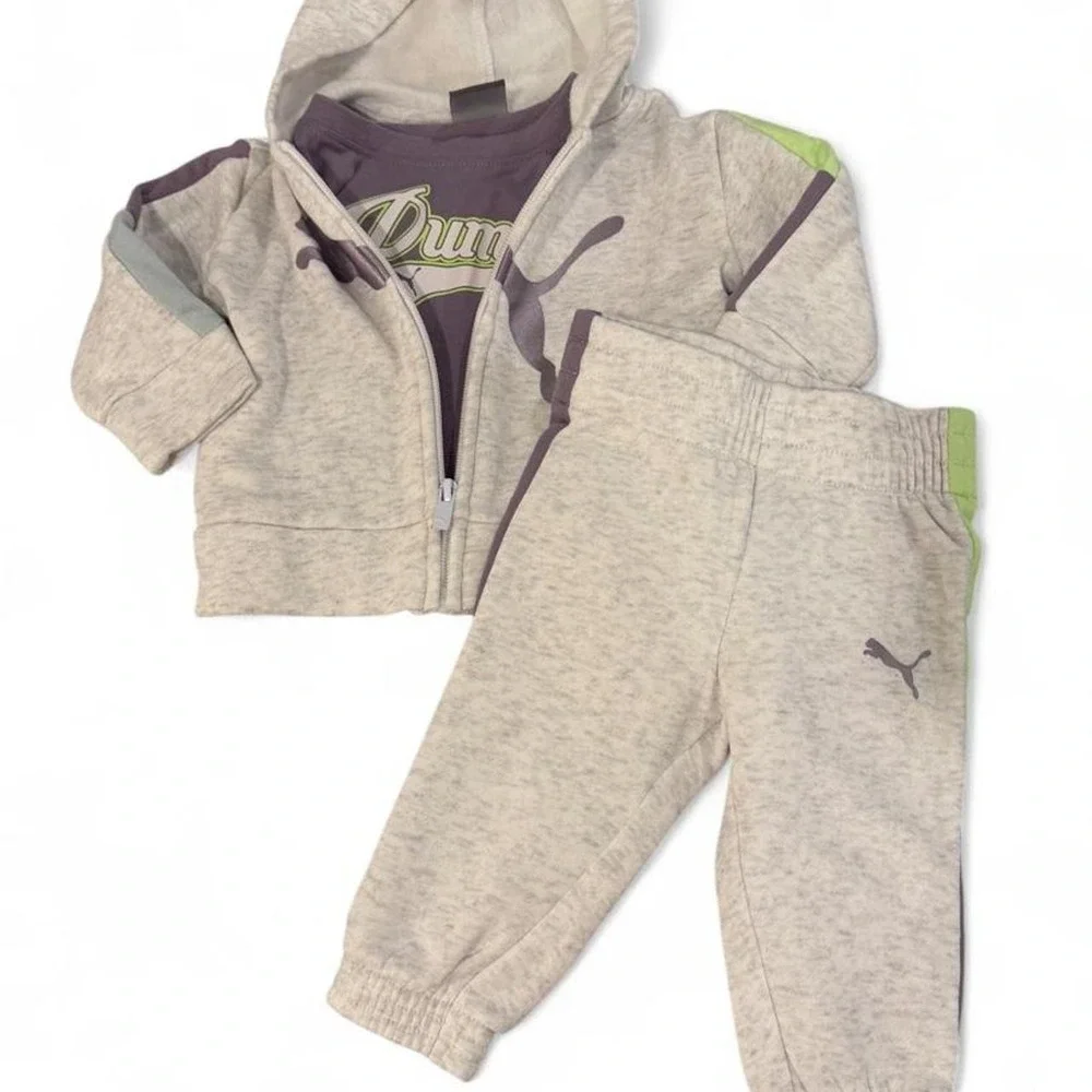 Puma Baby Boys 3-Piece Tracksuit Set Gray Purple Lime Green 0-3M PGF24-11425